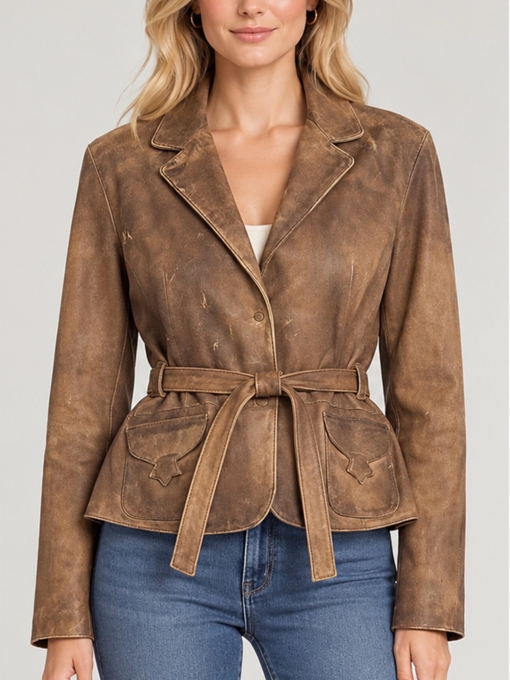 Wilsons Leather Women's Brown Distressed Leather Belted Jacket size S